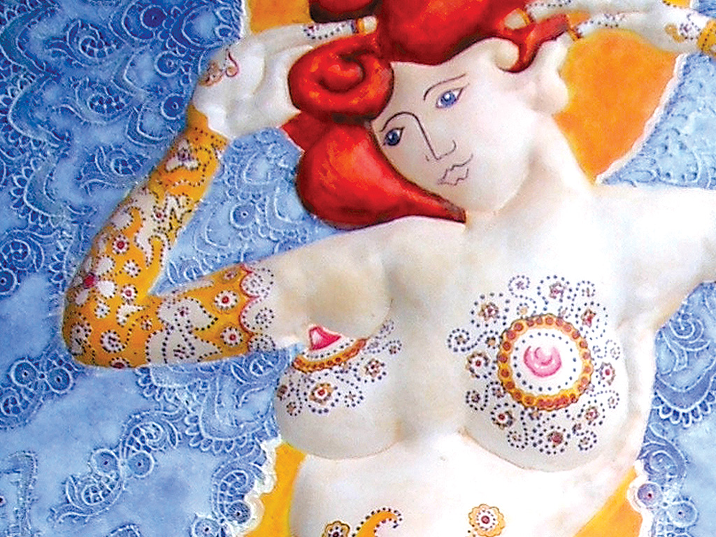 Grosser Engel · Detail · 2006 · Format: 100 x 180 cm · Material: Stoff, Stopfwolle, Spitze, Acryl und Tusche
