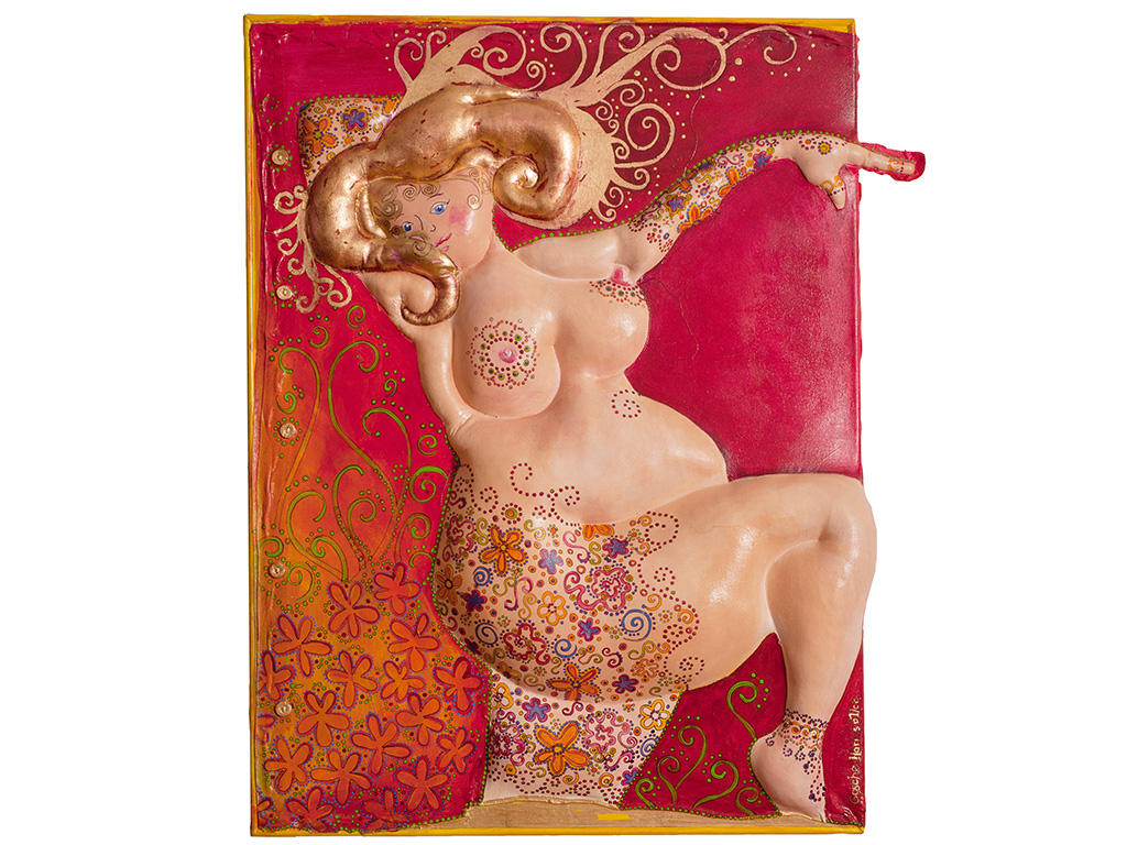Bunte Rote · 2008 · Format: 70 x 80 cm · Material: Stoff, Stopfwolle, Schlagmetall, Acryl und Tusche